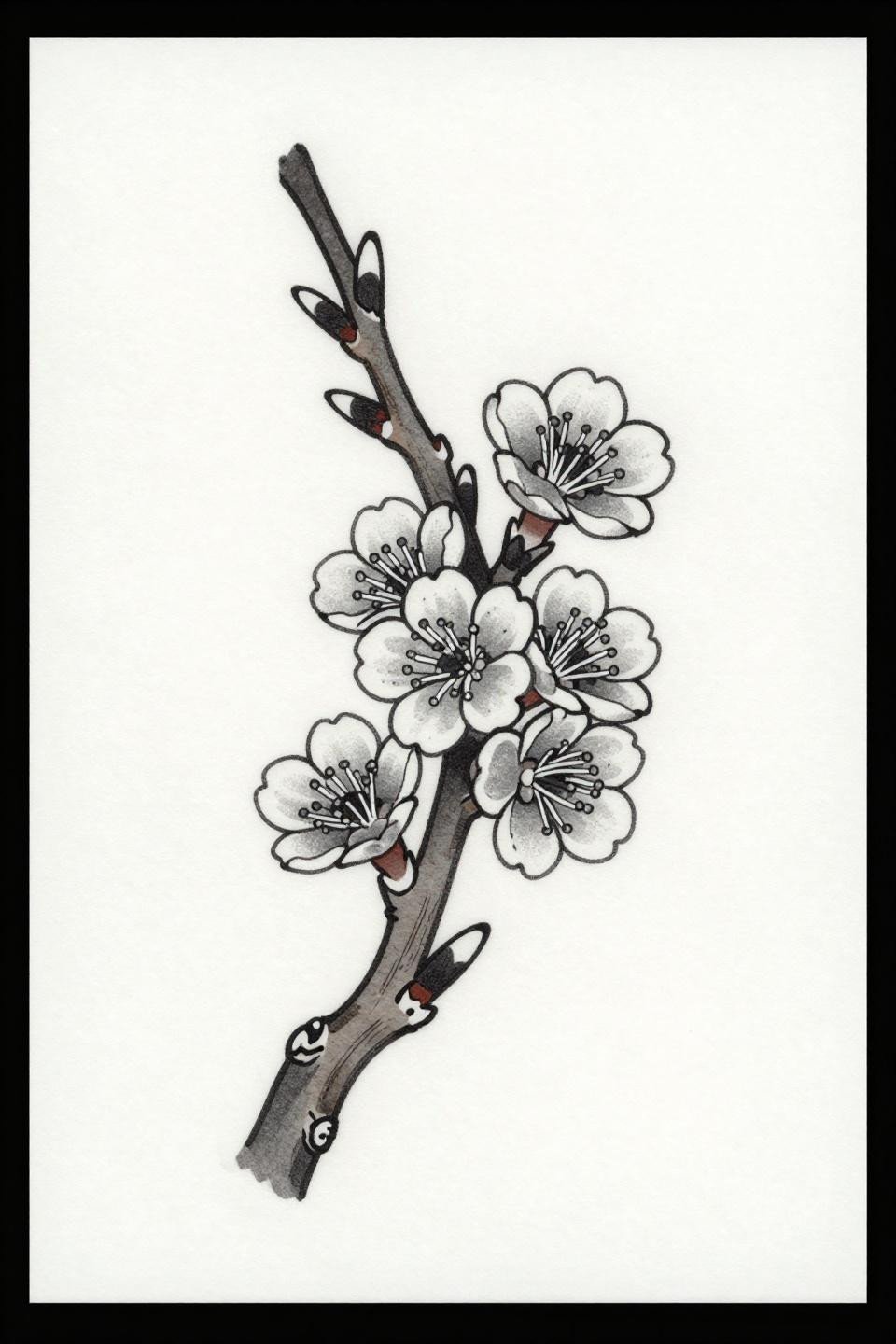 japanese tattoo cherry blossom irezumi flash, bold 2-3pt black outlines, flat ink fills, open negative space, diagonal asymmetric branch composition, grey wash midtones, white paper