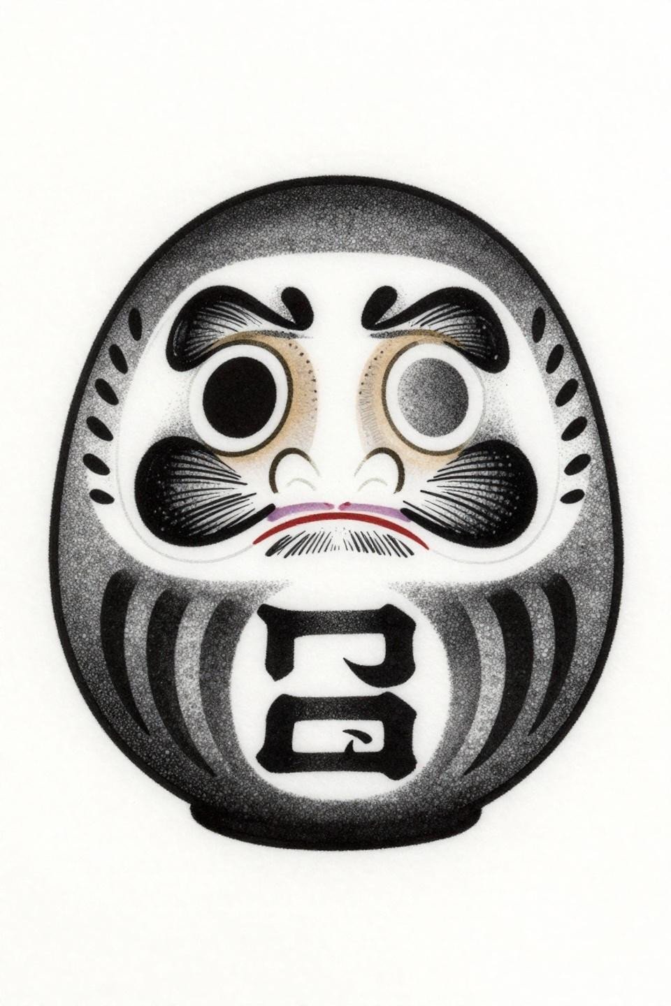 japanese tattoo daruma doll dotwork flash, blackwork stipple dot gradient, dense at core open at edges, bilateral symmetry, black ink grey wash, white paper