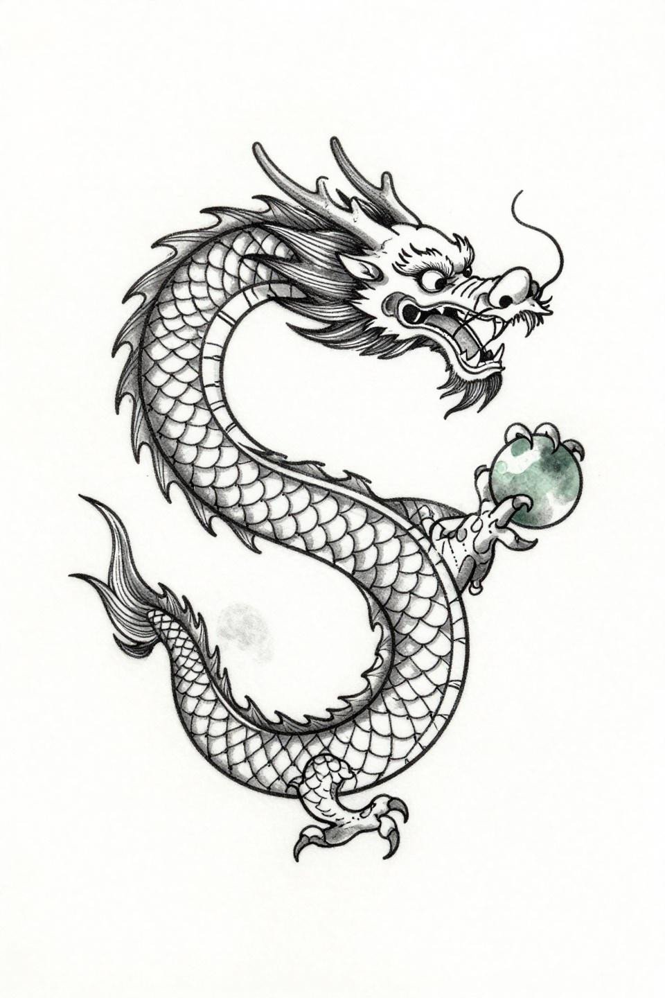 japanese tattoo Chinese dragon mandala flash, fine line minimal style, hairline single-needle 0.5mm strokes, figure-eight coil, open negative space, grey wash midtones, white paper