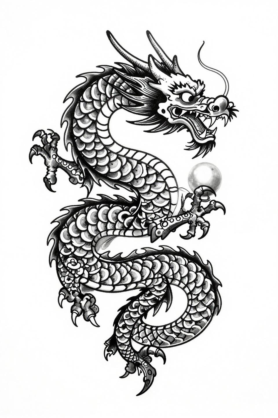 japanese tattoo ascending dragon Sak Yant style flash, bold 2-3pt outlines, overlapping crescent scale geometry, Thai sacred linework precision, grey wash midtones, white paper