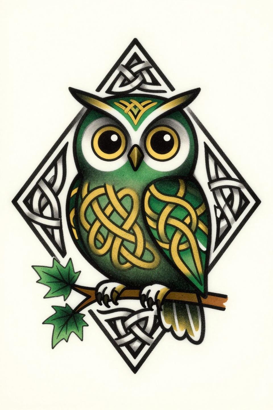 japanese tattoo fukuro owl Celtic knotwork flash, bold 2-3pt black outlines, flat forest green and gold fills, diamond frame composition on white paper