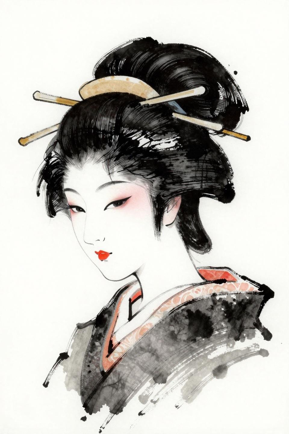japanese tattoo traditional geisha profile flash, sketch raw style, calligraphic brush ink marks, dense black with grey wash, expressive gestural line quality