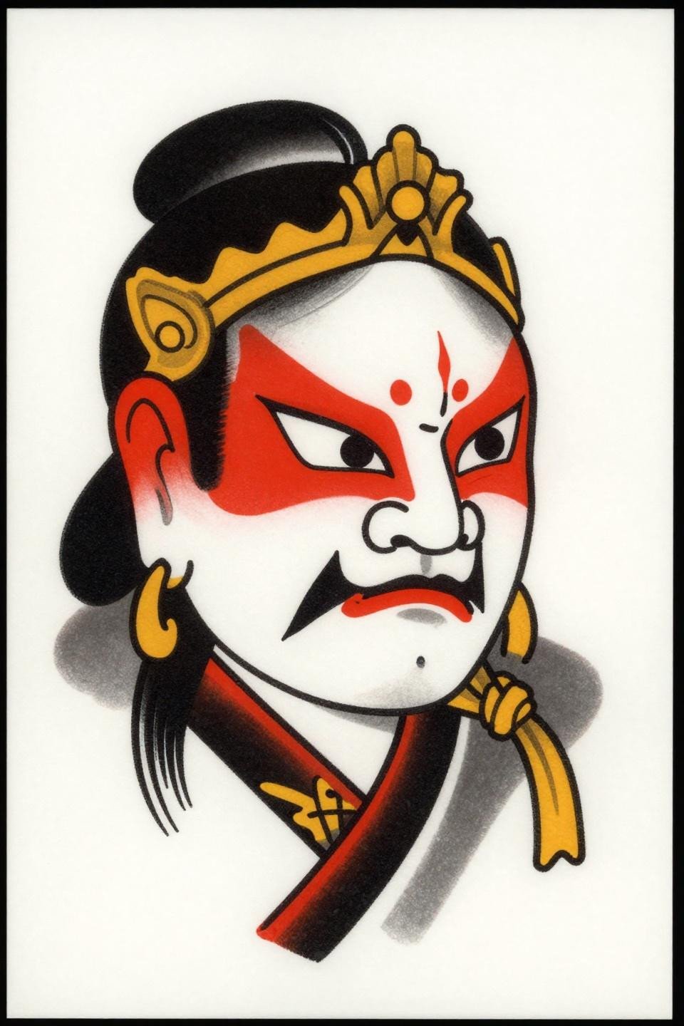 japanese tattoo Kabuki actor mask flash, traditional American style, bold 2-3pt black outlines, flat crimson red geometric cheek pattern, black ink centered on white paper