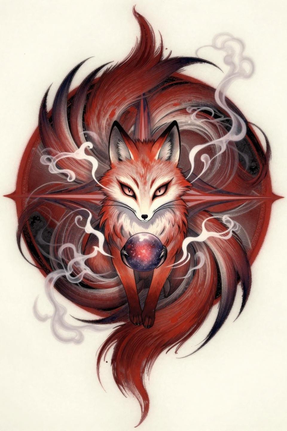 japanese tattoo kitsune fox spirit irezumi flash, surrealist style, three tails in mandala arrangement, whip shading curved strokes, deep indigo and crimson ink fills