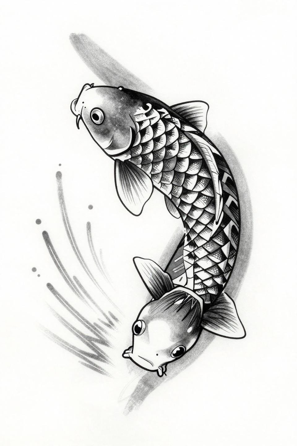 japanese tattoo koi fish geometric tribal flash, overlapping triangle scale pattern, parallel line crosshatch fill, bold black outlines, asymmetric diagonal upward motion, grey wash midtones