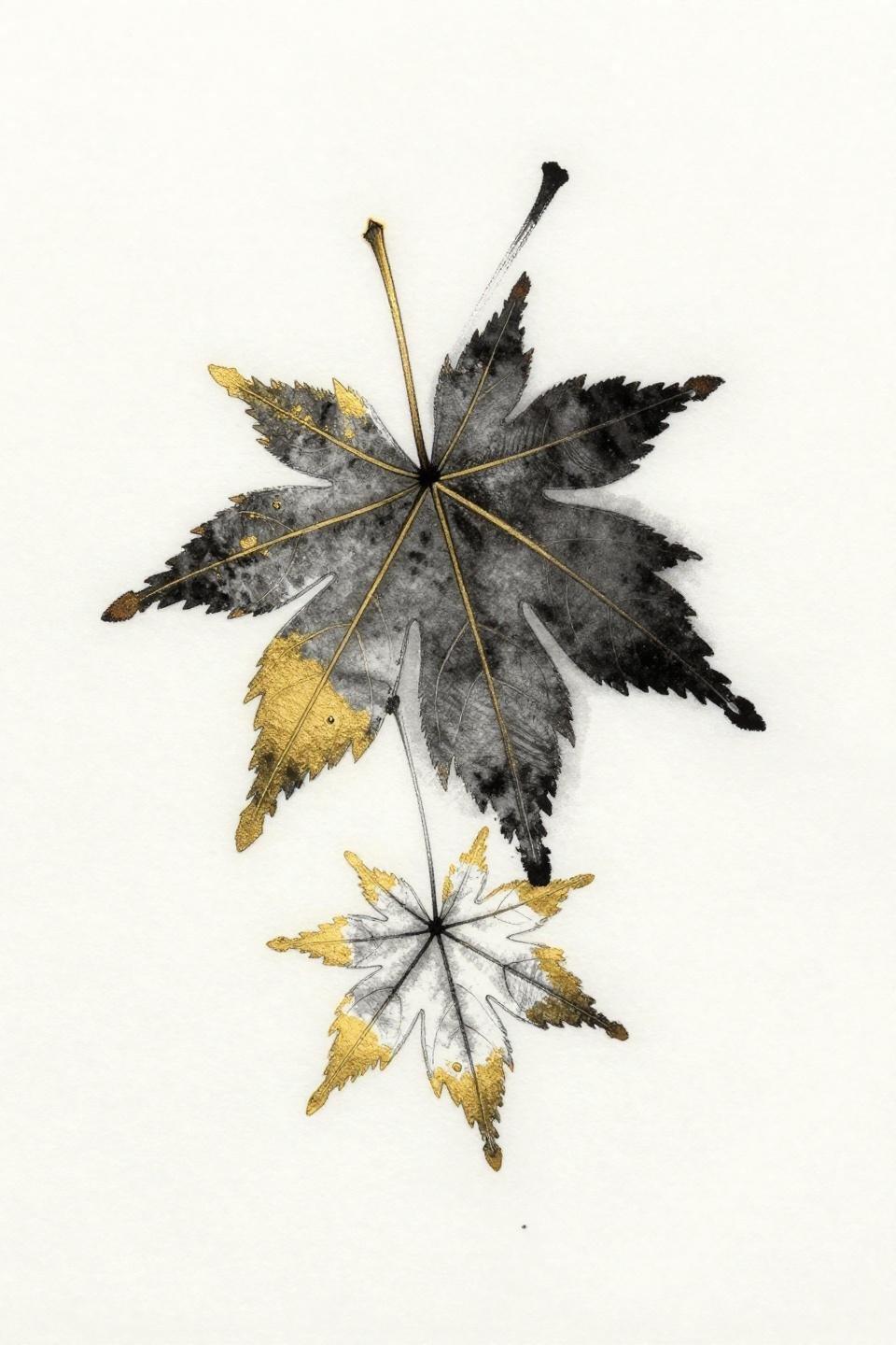 japanese tattoo Japanese maple leaf flash, Art Nouveau style, calligraphic variable line weight, liquid gold and solid black ink, asymmetric organic flow composition, white paper