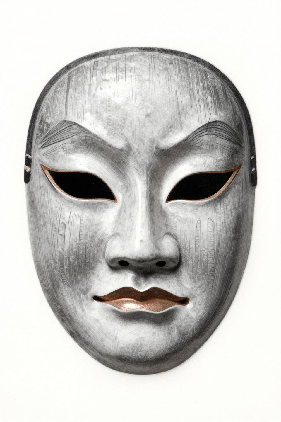 japanese tattoo Noh theater mask flash, neo-traditional style, grey wash dilution dense to open, deep teal ink with copper metallic accent, white paper
