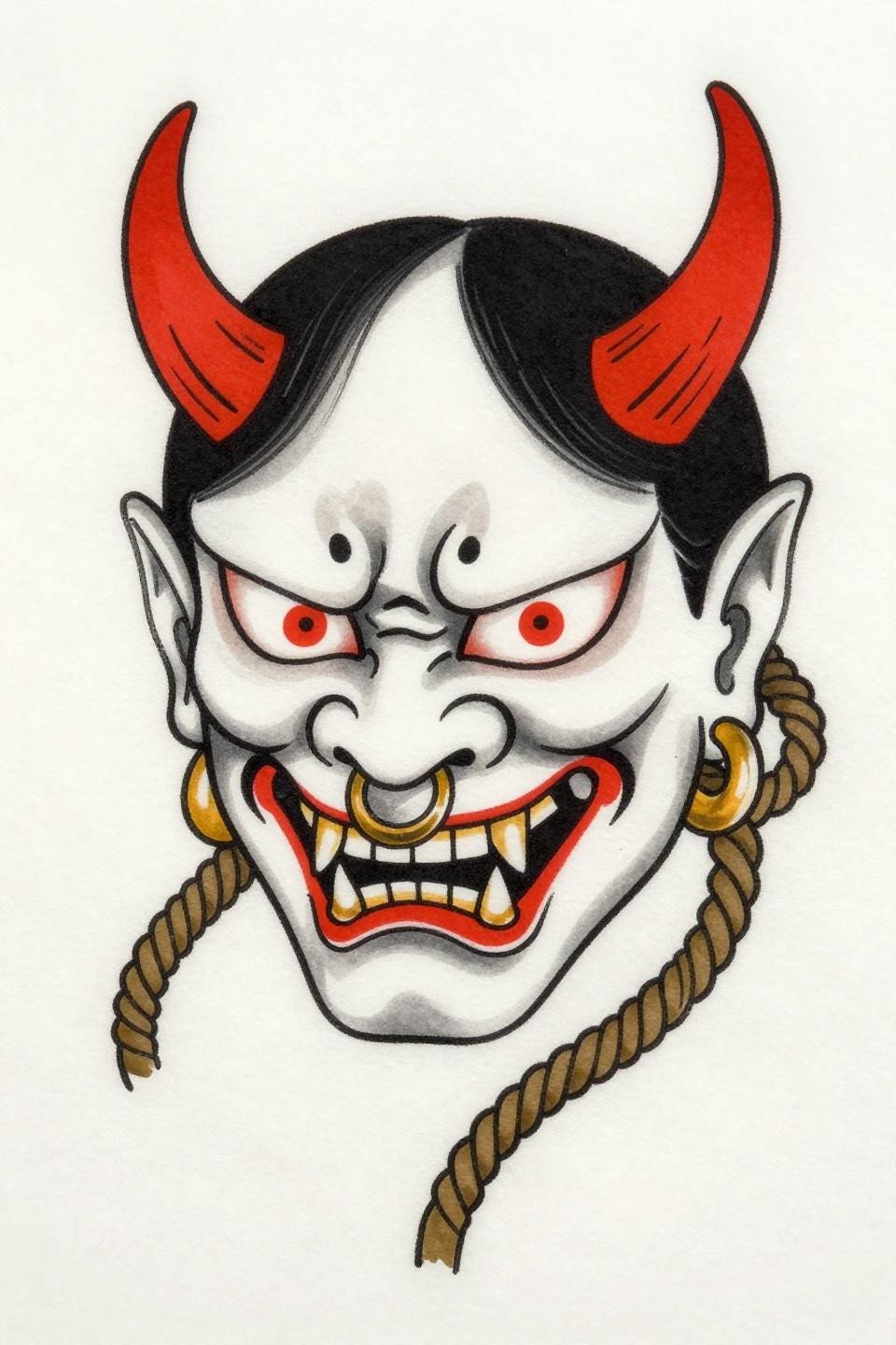 japanese tattoo Oni mask irezumi flash, bold 2-3pt black outlines, flat crimson red accent on solid black, asymmetric horns, rope-pattern cheek wrapping, centered composition white paper