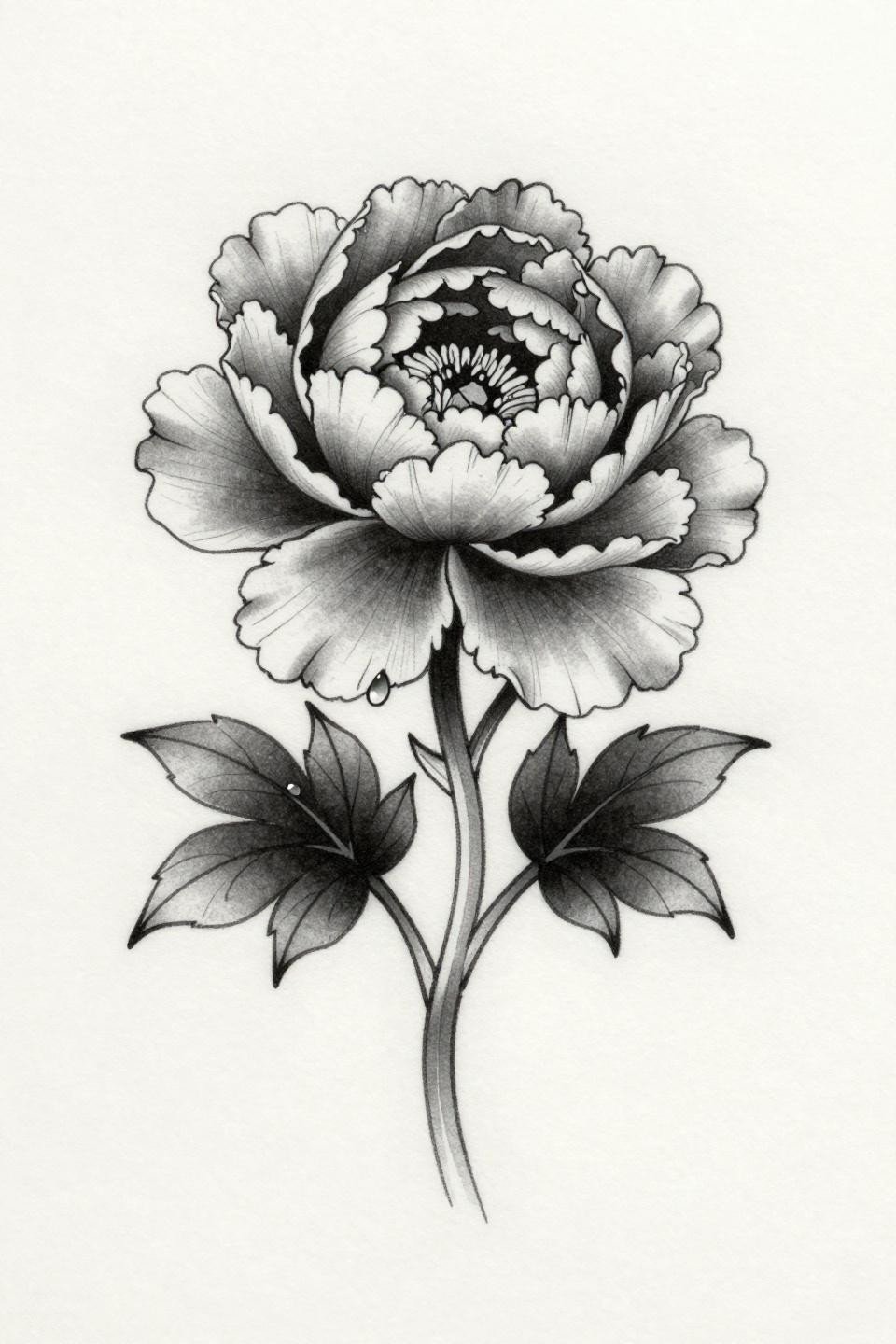 japanese tattoo peony botanical fine line flash, 0.5mm single-needle strokes, variable petal edge weight, open negative space, grey wash dilution, centered vertical composition, white paper