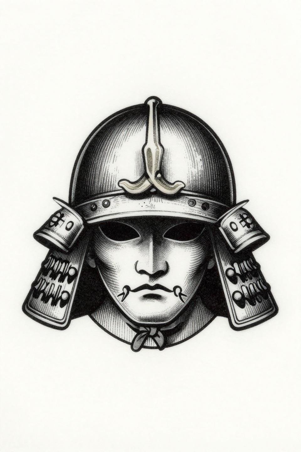 japanese tattoo samurai kabuto helmet flash, etching woodcut style, crosshatch parallel line shading, bilateral symmetry, dense black ink grey wash midtones, white paper