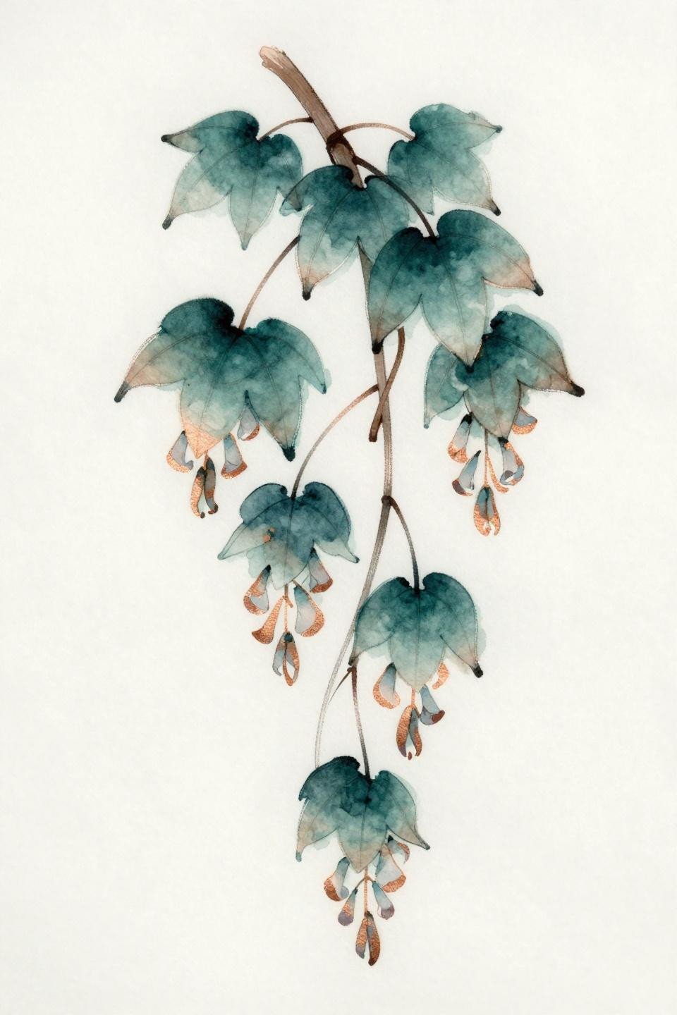 japanese tattoo wisteria cascade watercolor splash flash, loose watercolor bleeds behind calligraphic ink linework, deep teal washes, copper metallic accent highlights