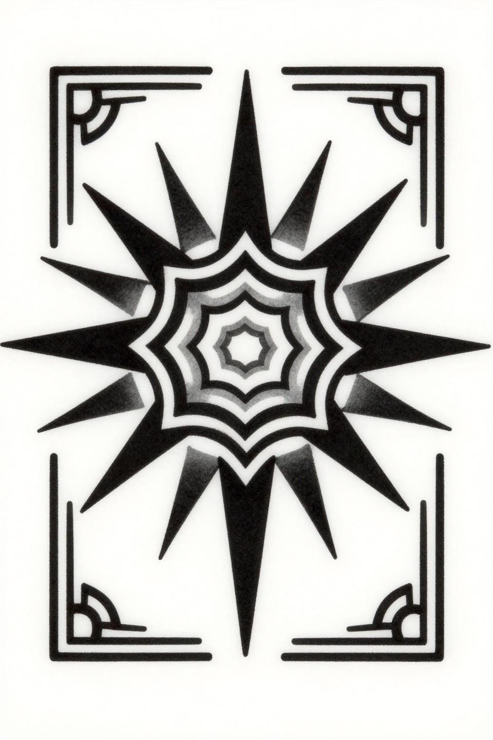 art deco geometric sunburst leg sleeve tattoo flash, sharp triangular rays, nested diamond hub, bilateral wing flourishes, bold 2-3pt outlines, flat black fills