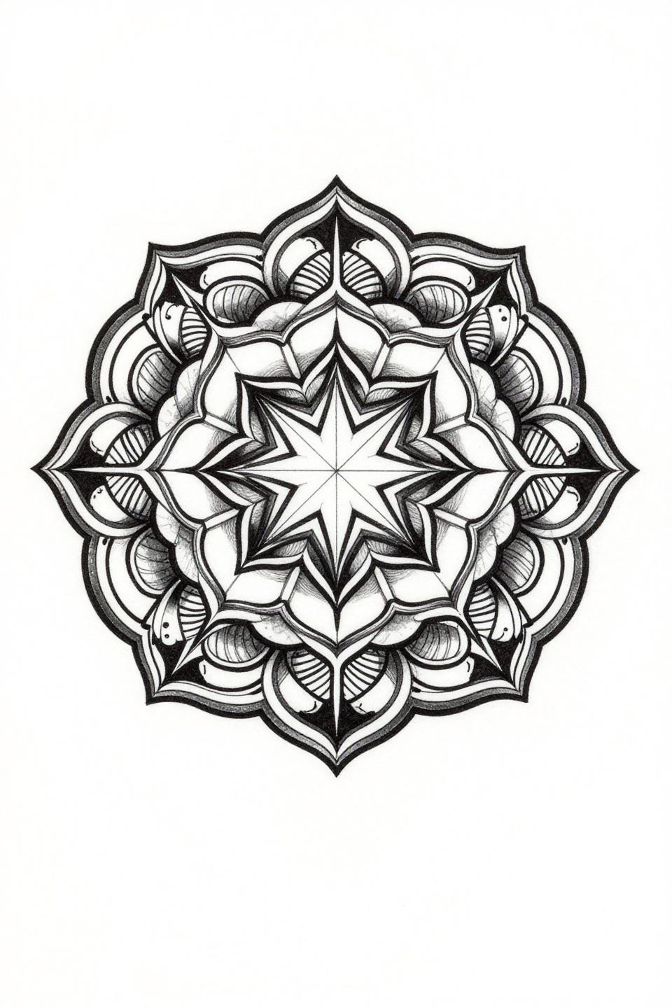 art deco mandala leg tattoo female flash, nested circles with geometric petals, four-pointed star, compass-drafted geometry, flat solid black fills, dense black ink