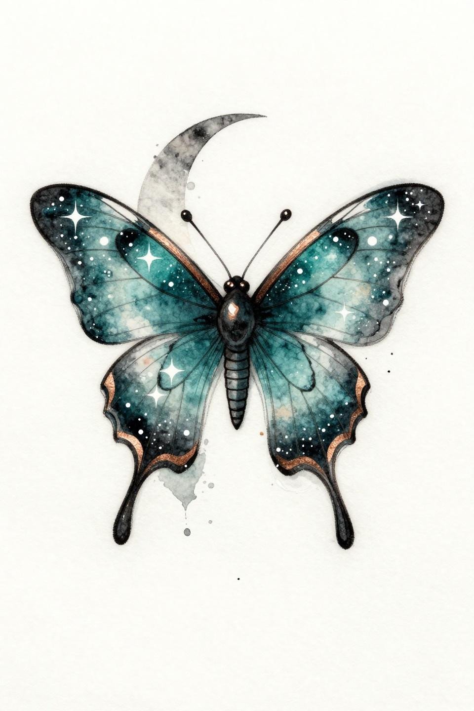 celestial moth watercolor shin tattoo flash, crescent moon body, star cluster wings, bilateral symmetry, deep teal and copper metallic ink, calligraphic marks