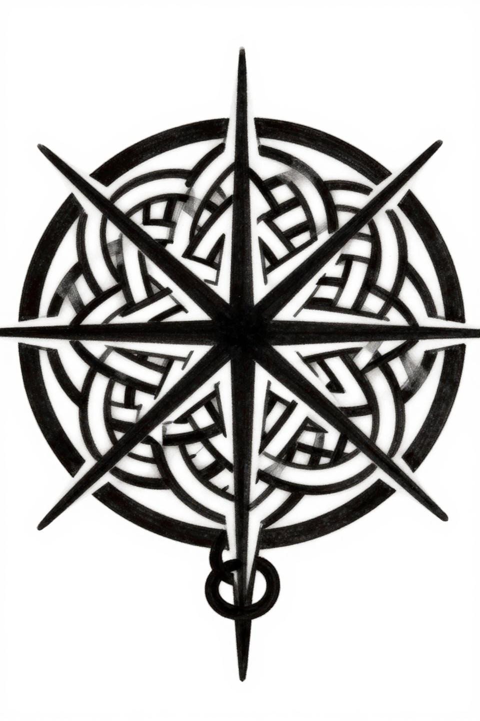celtic knotwork mandala above knee tattoo flash, triquetra intersections, bold plaitwork bands, flat black fills, bilateral symmetry, dense black ink
