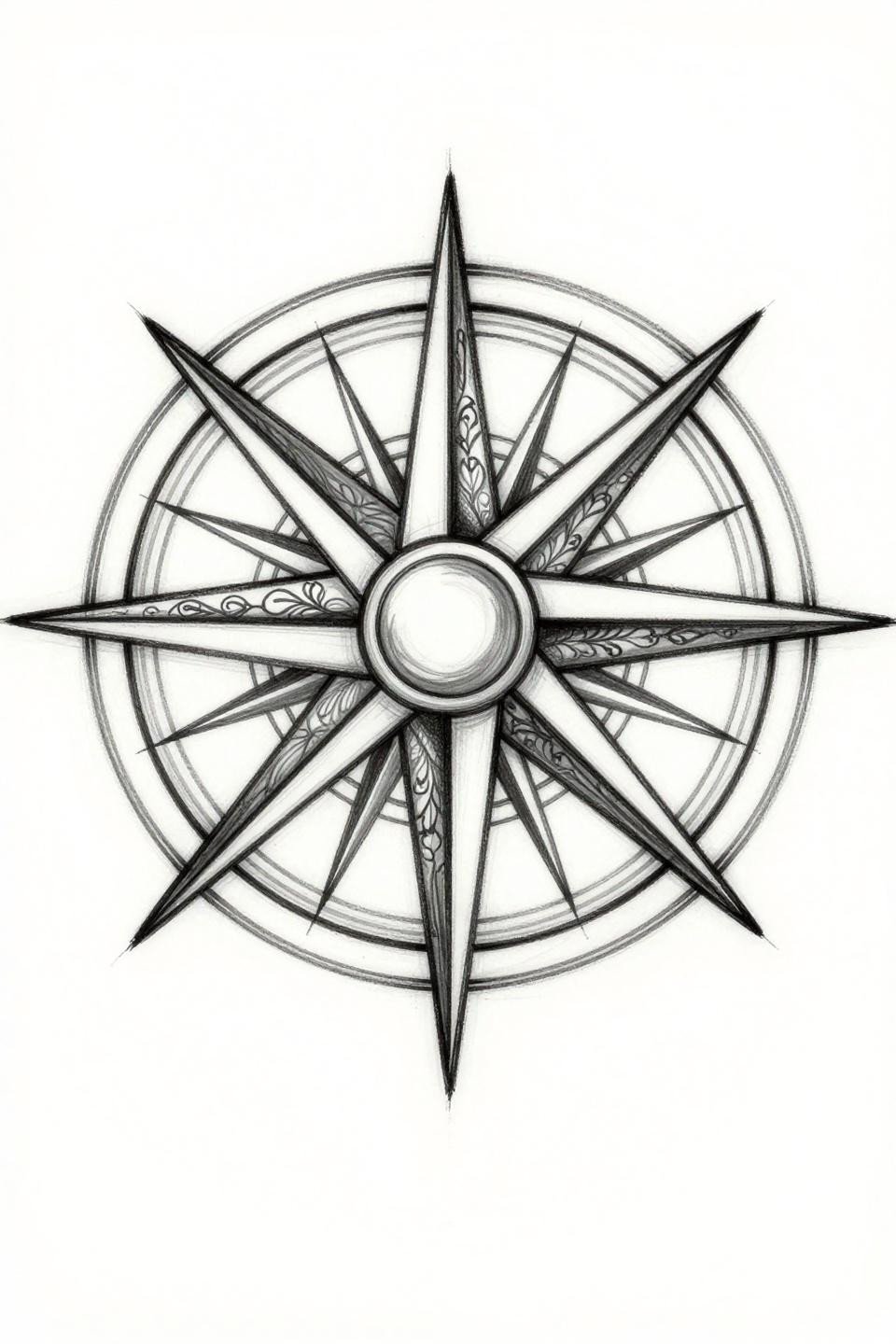 compass rose sketch mandala thigh tattoo flash, eight cardinal points, botanical filigree petals, nested circular border, bold gestural outlines, grey wash midtones, black ink