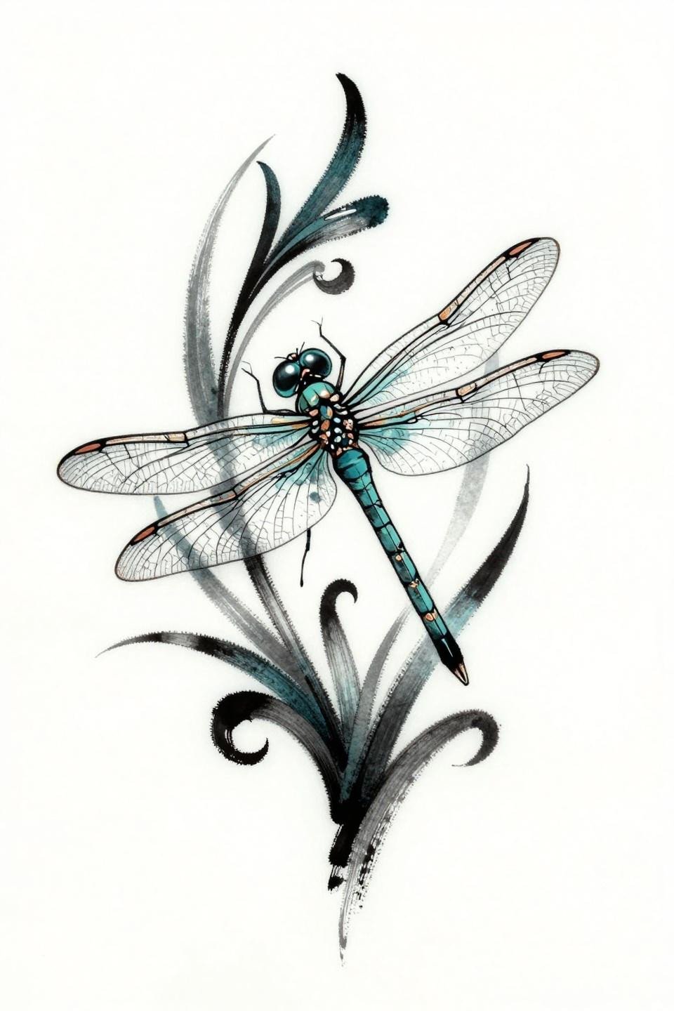 art nouveau dragonfly knee tattoo flash, parallel line wing membranes, ornamental compound eye, aquatic plant stems, calligraphic brush marks, teal and copper ink