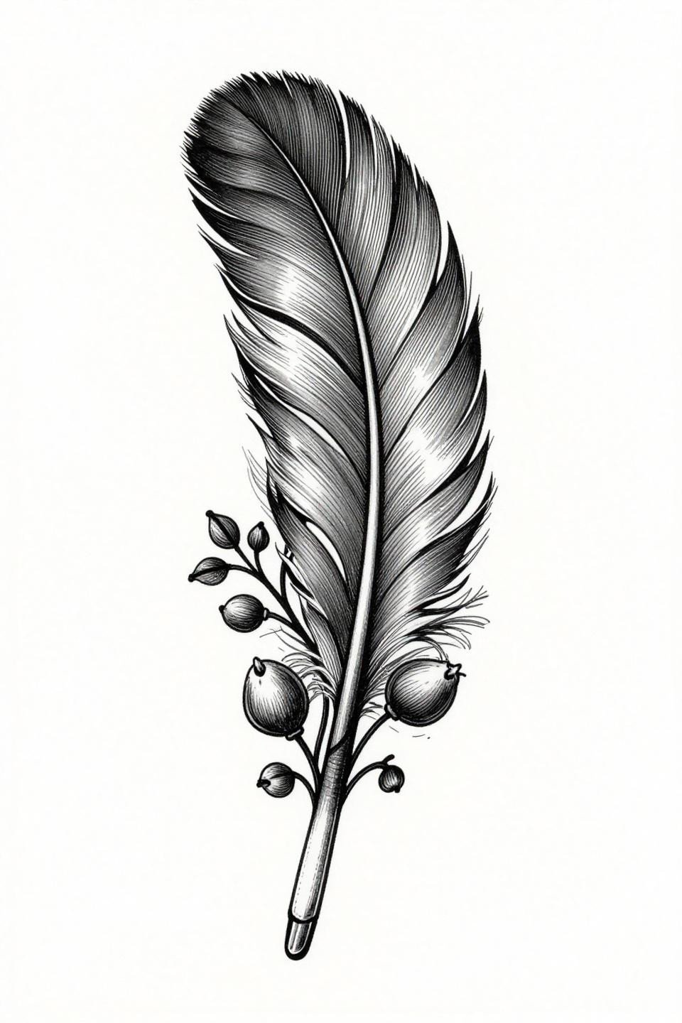ornamental feather calf tattoo flash, etching woodcut style, crosshatch parallel line barbs with botanical vine wrap, dense black ink on white