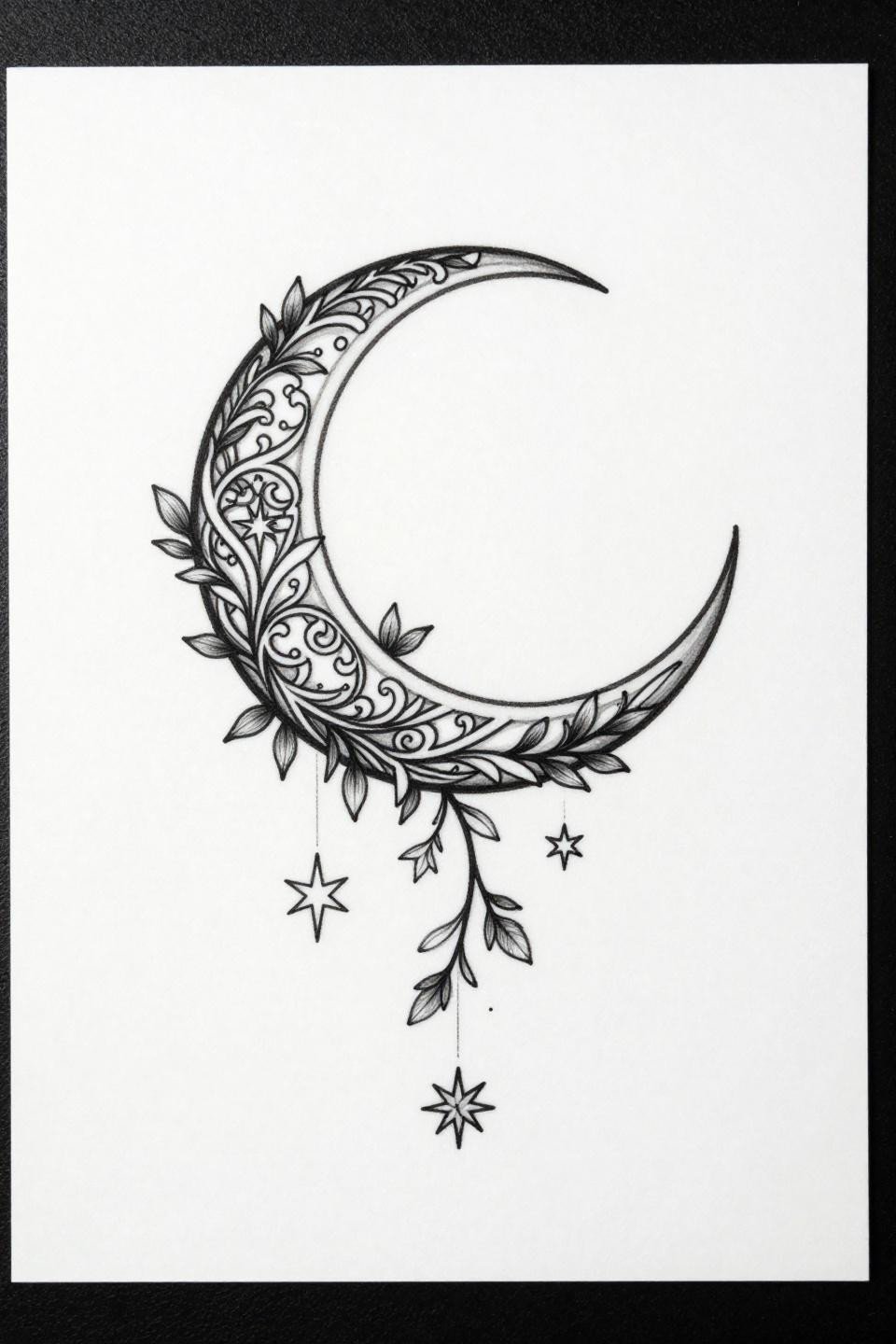 fine line crescent moon thigh tattoo flash, filigree cutwork, star cluster, botanical vine, hairline 0.5mm single needle strokes, asymmetric organic flow, black ink