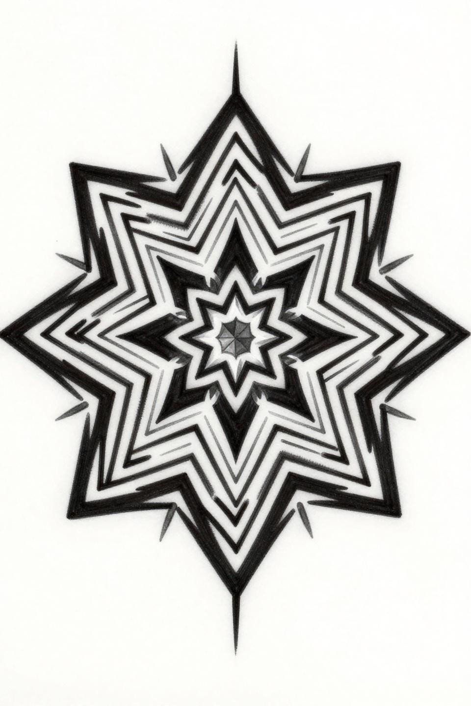 full leg geometric mandala tattoo flash, nested triangles and hexagons, crystalline focal point, angular spikes, bold 2-3pt outlines, flat black fills, dense black ink