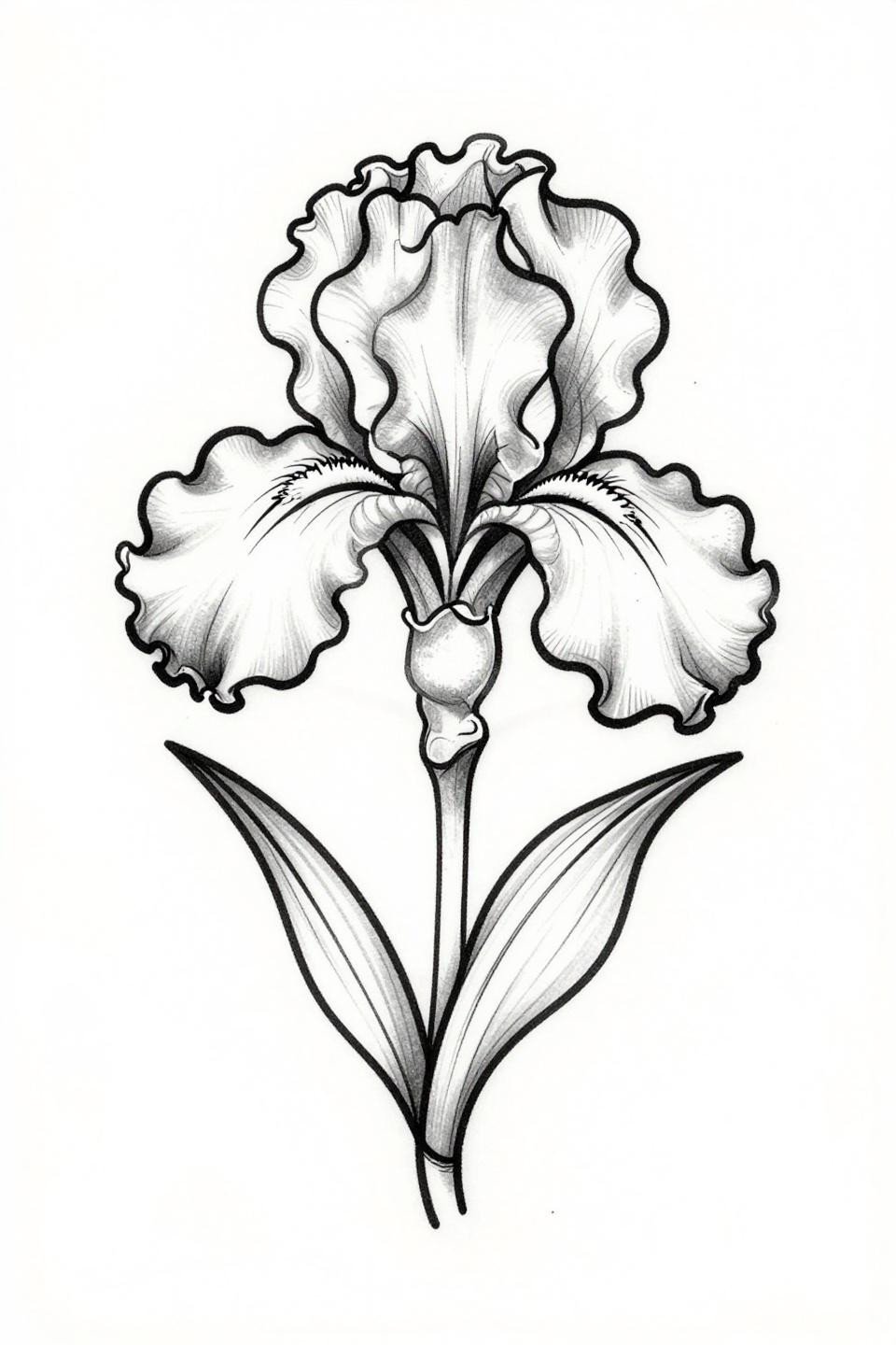 art nouveau iris single continuous line leg tattoo flash, unbroken fluid contour, diagonal asymmetric flow, bold 2-3pt outline, no infill shading, black ink