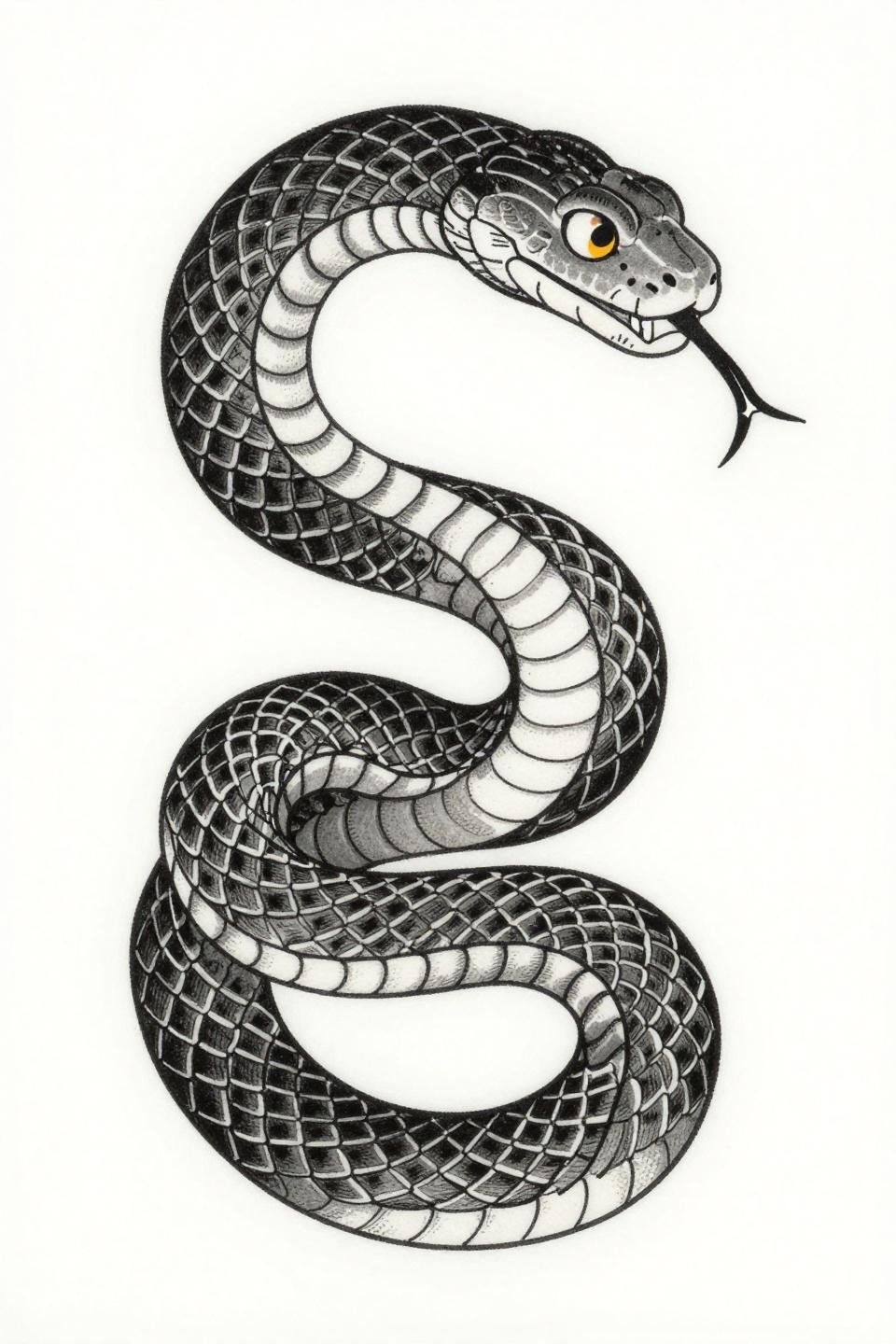 Japanese irezumi serpent above knee tattoo flash, figure-eight coil, parallel line engraved scales, concentric iris eye, diagonal flow composition, grey wash dilution