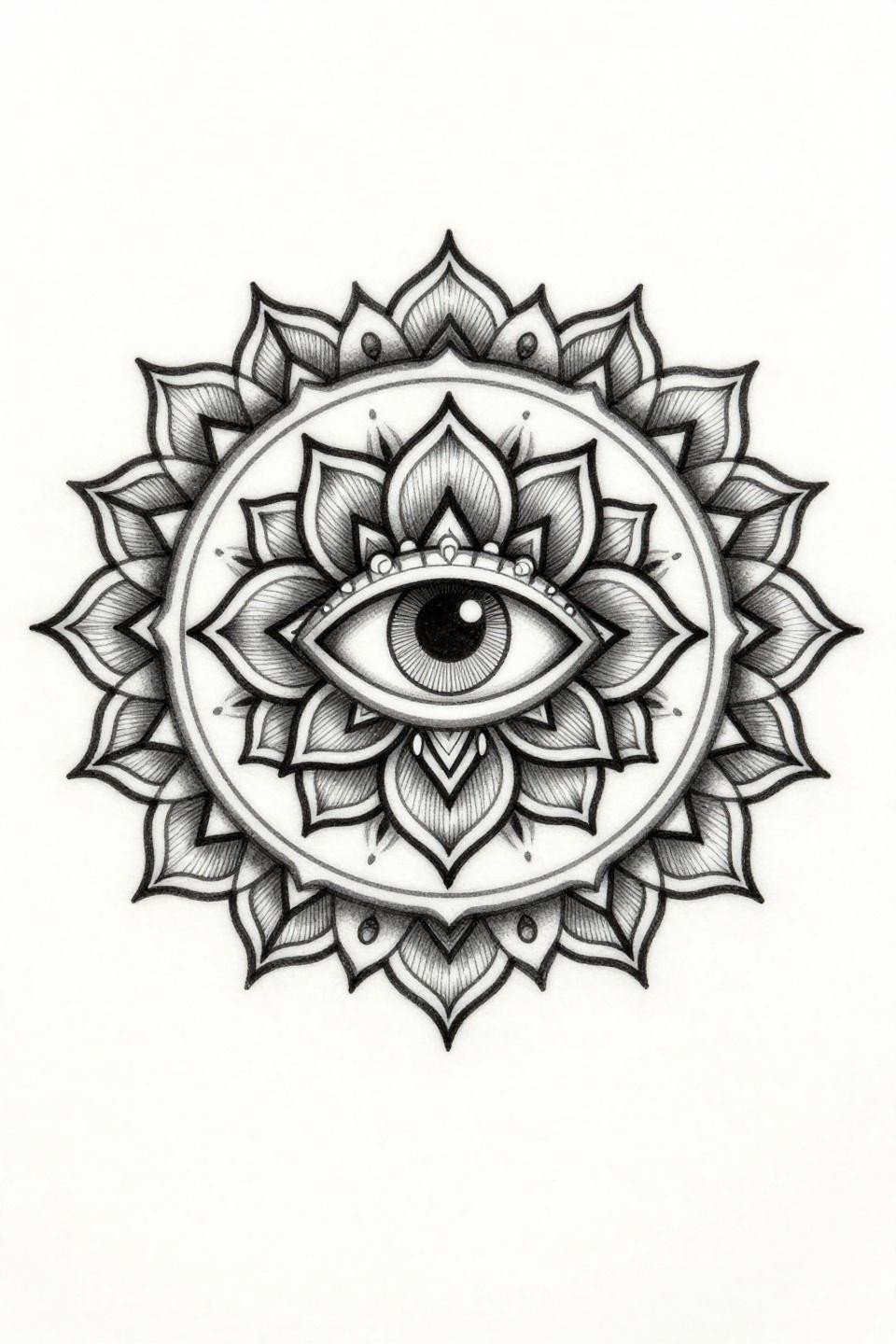 art nouveau mandala shin tattoo flash, interlocking lotus petals, central geometric eye, concentric circle hairlines, hairline 0.5mm single needle strokes, bilateral symmetry