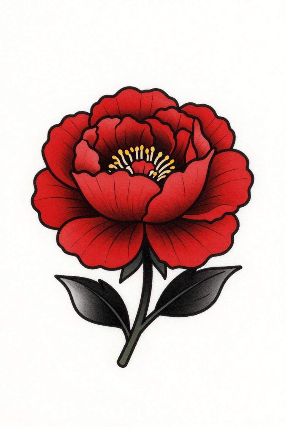 neo-traditional peony knee tattoo flash, layered ruffled petals with fine vein mapping, bold 2-3pt outlines, crimson red on black ink, white paper
