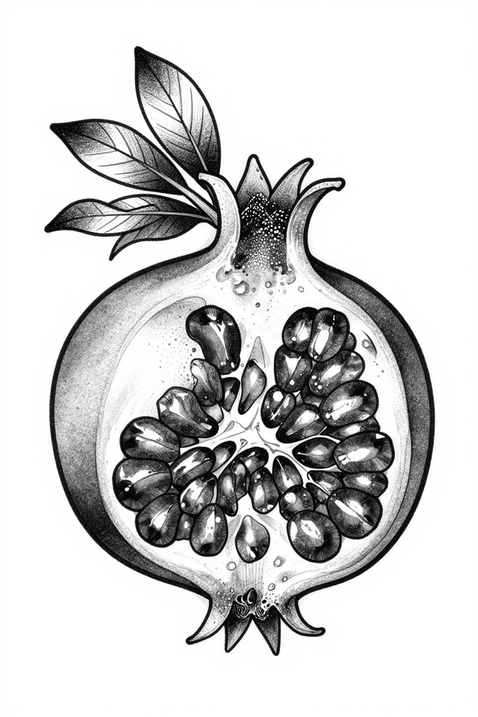 pomegranate botanical dotwork meaningful tattoo flash, stipple dot gradient seed chambers, botanical stem wrap, open negative space, grey wash dilution, black ink