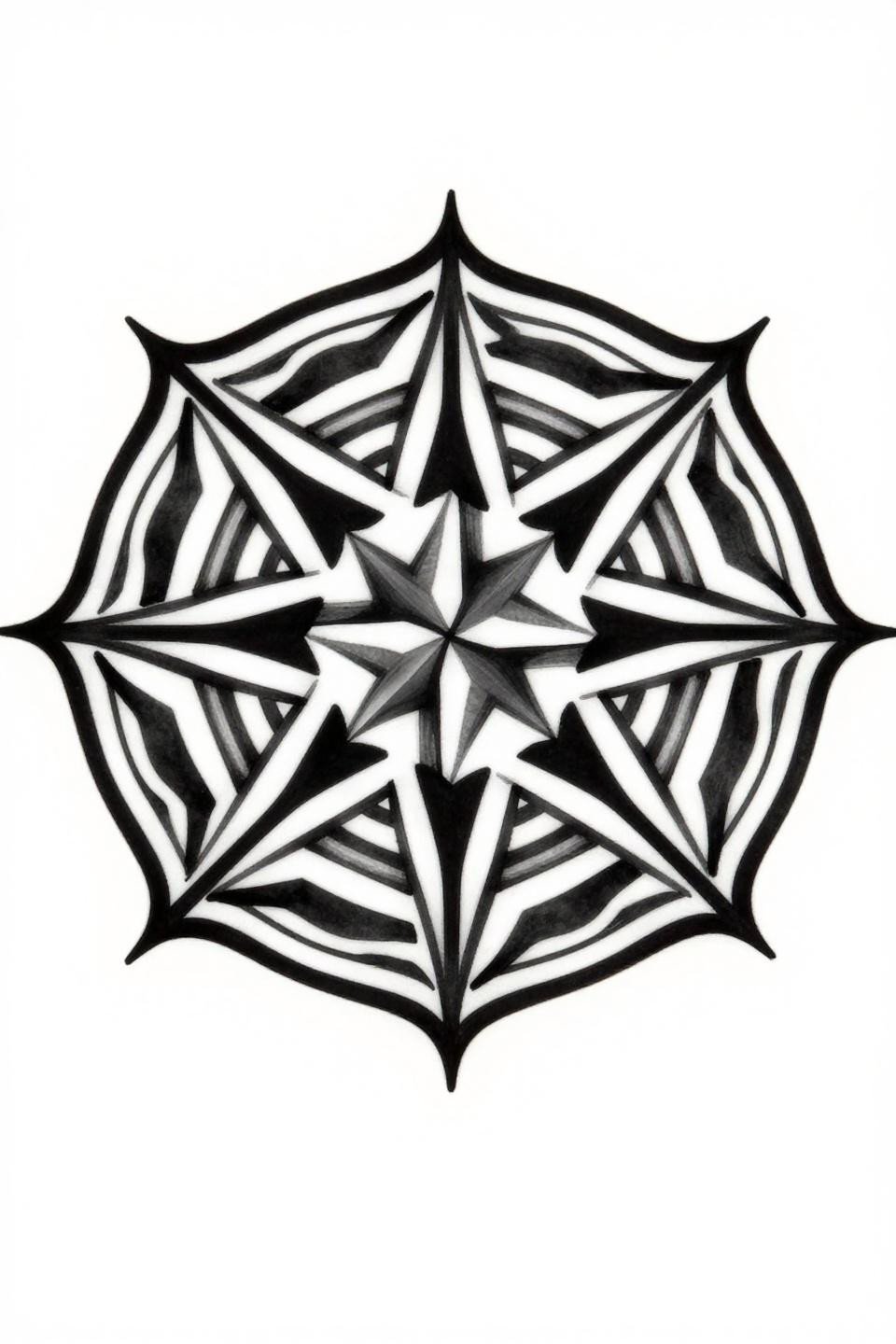 tribal geometric mandala leg tattoo flash, six-pointed star with flat black wedge fills, bold 3pt outlines, maximum contrast black ink on white