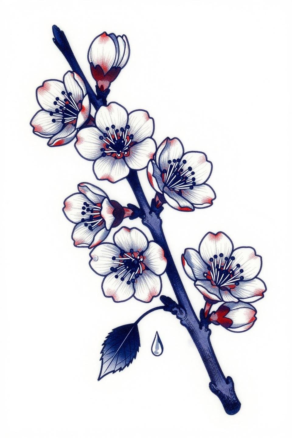 lily tattoo design art deco cherry blossom flash, geometric petal segmentation, bold outlines, deep indigo and crimson flat color fills, nine blooms asymmetric composition