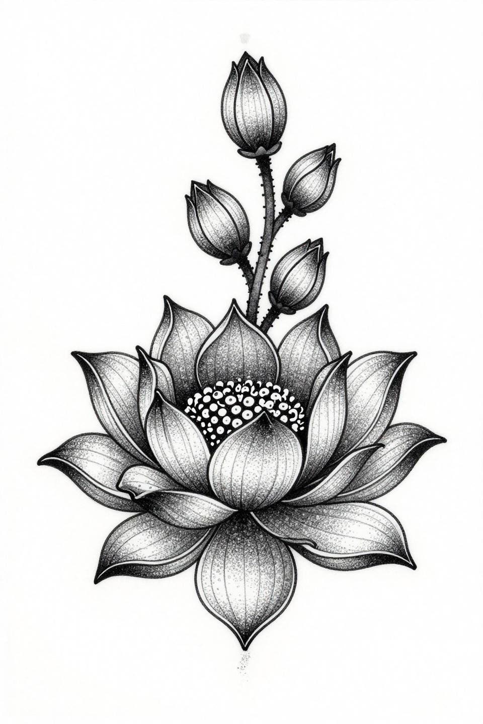lotus tattoo ideas blackwork dotwork flash, inverted bloom petals folding downward, stipple dot gradient dense at center dissolving to open negative space, grey wash midtones