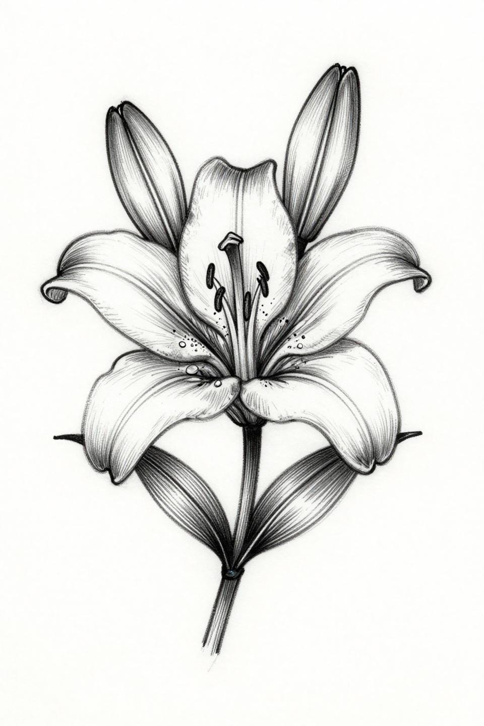 Japanese flower tattoo botanical sketch raw style flash, gestural pencil stroke outlines, six petals with visible stamen pollen detail, flat open fills no grey wash