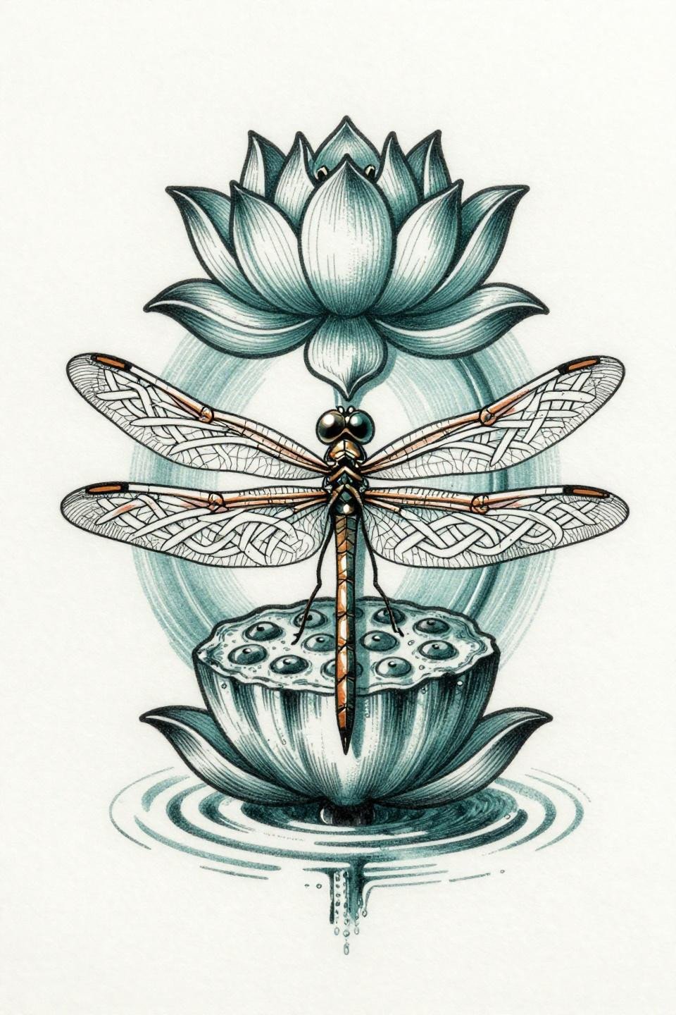dragonfly tattoo Celtic knotwork flash on lotus seed pod, interlaced wing segments with fine vein tracery, parallel line engraving, teal and copper metallic ink