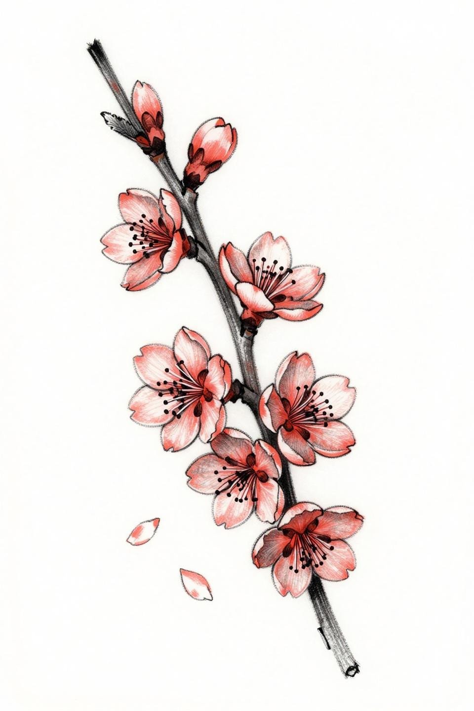 cherry blossom tattoo ignorant style flash, scratchy bold 3pt outlines, flat coral fills charcoal ink, intentionally uneven line weight, seven blooms asymmetric diagonal
