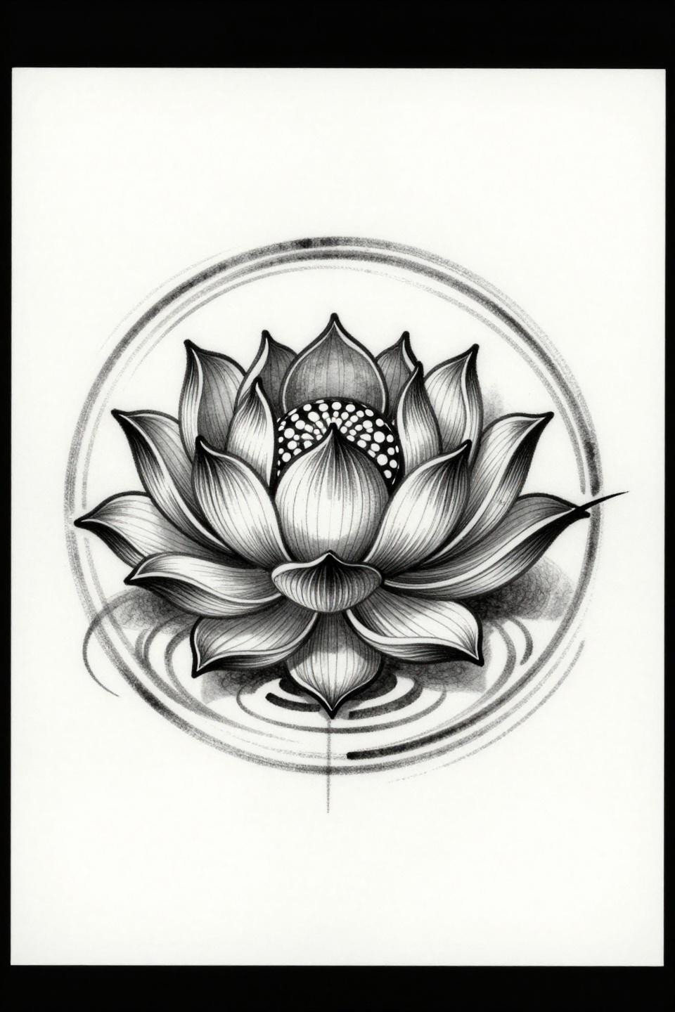 lotus flower tattoo continuous line flash, unbroken calligraphic brushstroke, closed bud petals in spiral symmetry, concentric circle water ripples, grey wash midtones