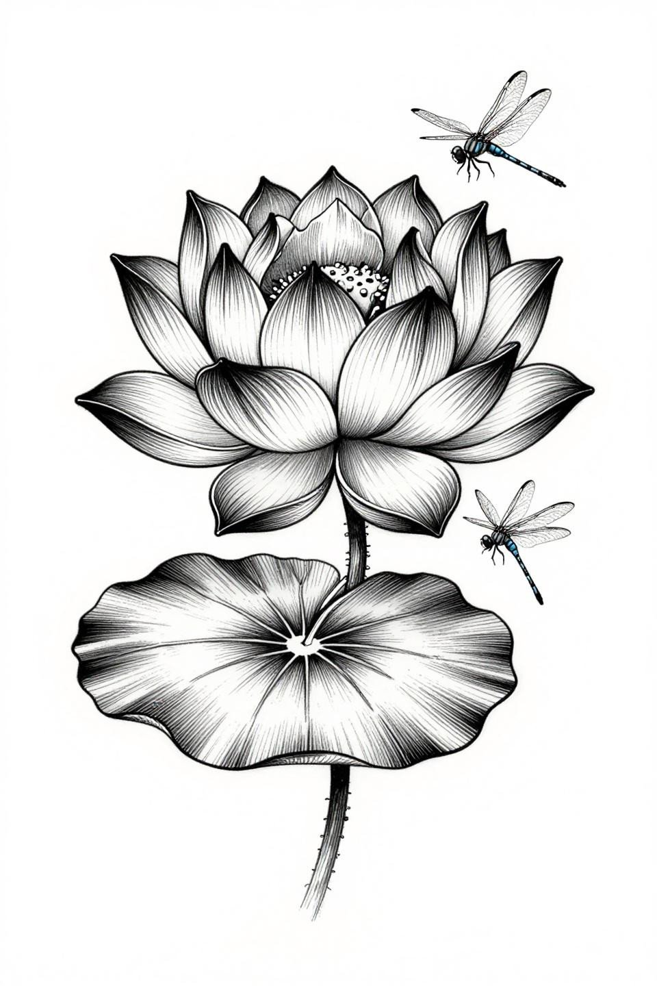 Japanese flower tattoo botanical scientific fine line flash, lotus side profile hairline 0.5mm single needle strokes, dragonfly wing membrane detail, no fills open negative space