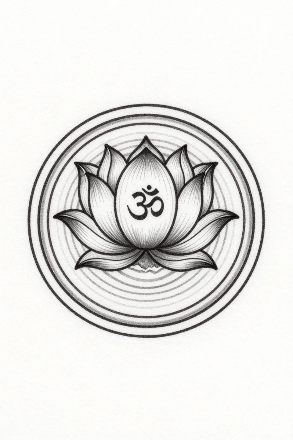 meaningful lotus flower tattoo fine line mandala flash, single needle 1RL hairline strokes, Sanskrit Om symbol, concentric ripple rings with open negative space