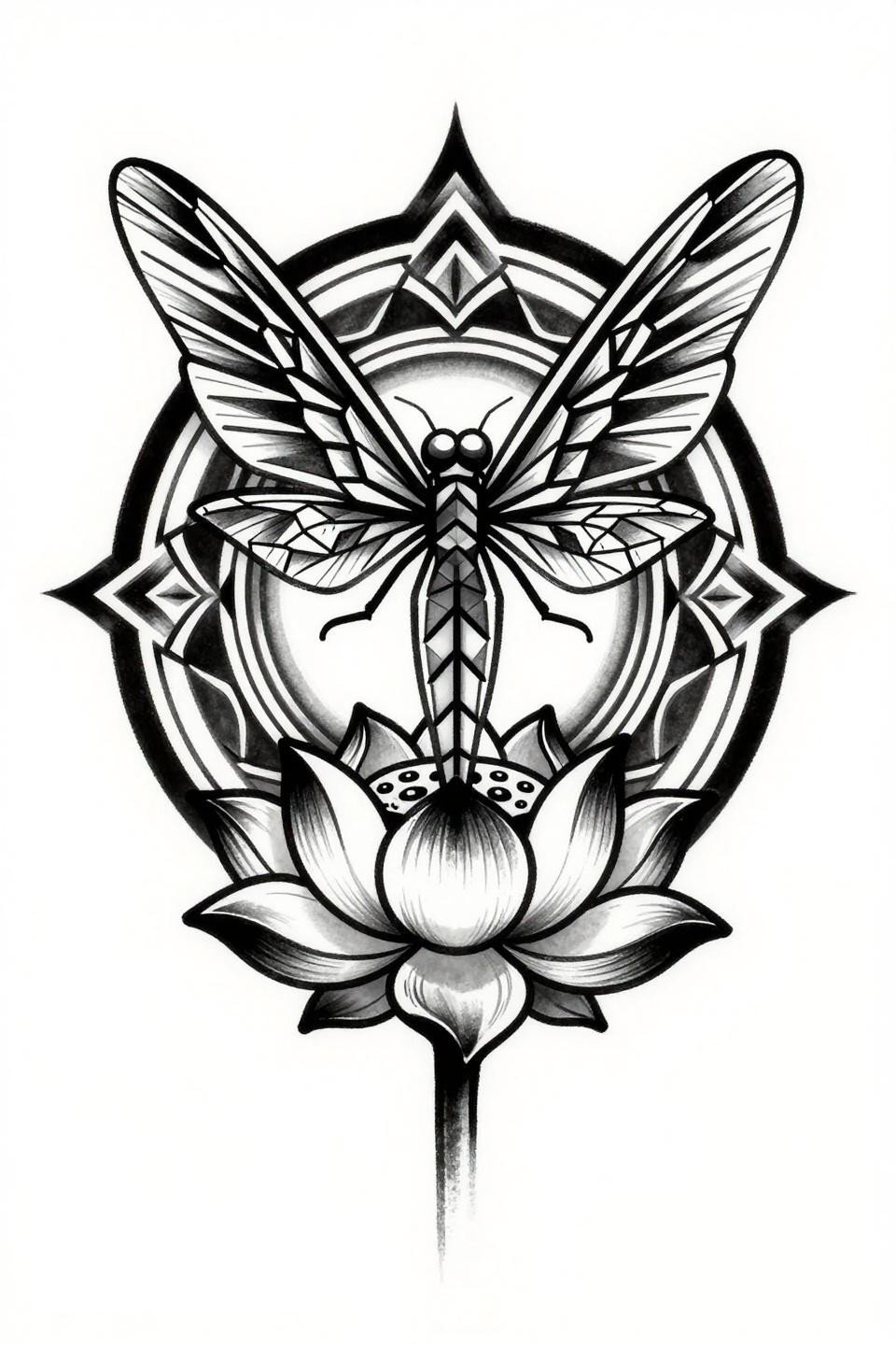 dragonfly tattoo tribal geometric flash, angular geometric wing vein lattice atop lotus seed pod, bold 3pt outlines flat black fills, mandala symmetry maximum contrast