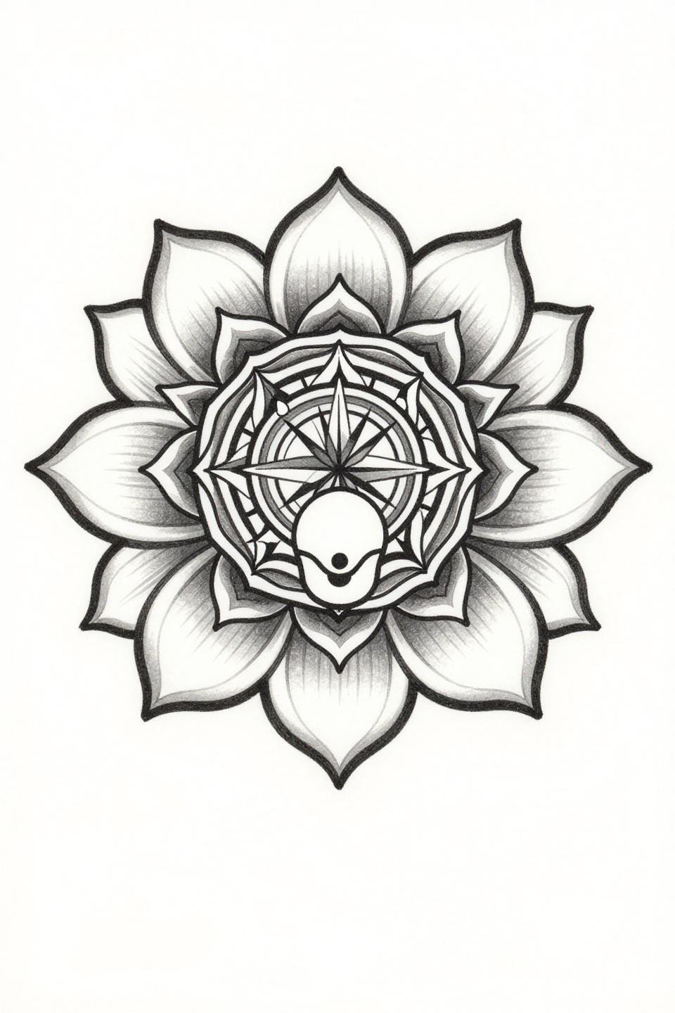 spiritual tattoo Japanese Irezumi lotus flash, eight petals bilateral symmetry overhead view, compass-drafted concentric circle geometry seed pod, bold 2-3pt outlines grey wash midtones