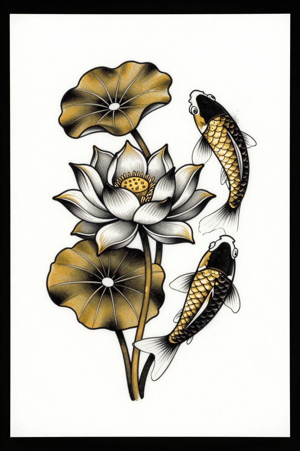 lotus tattoos for women neo-traditional flash, koi fish spiraling lotus stem, staggered bloom stages, bold outlines whip shading smooth gradient arcs, flat gold solid black palette