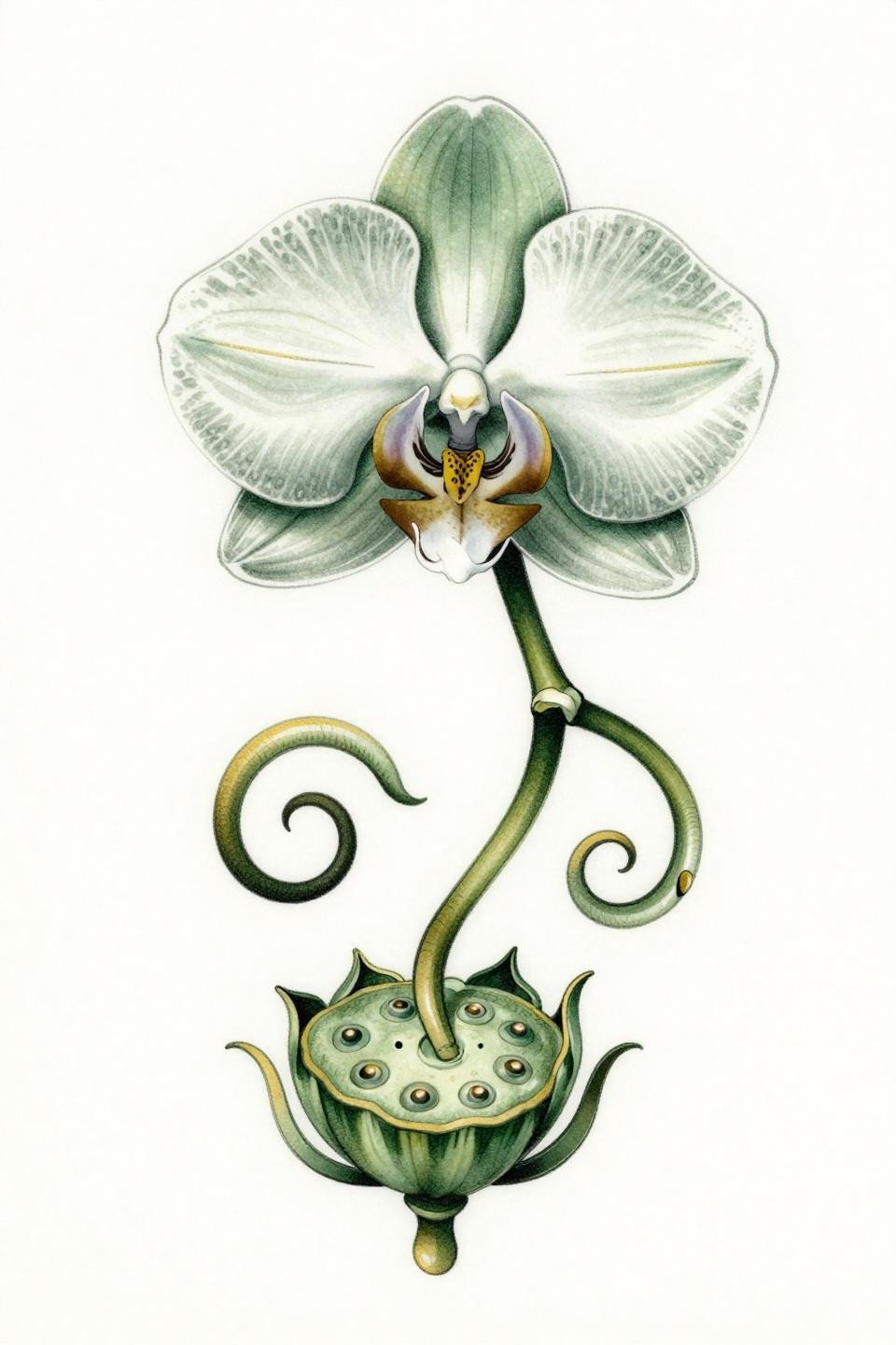 orchid tattoo art nouveau flash, spiral asymmetric petals spotted labellum, lotus seed pod base, sinuous curves tapered whip shading, forest green burnished gold palette