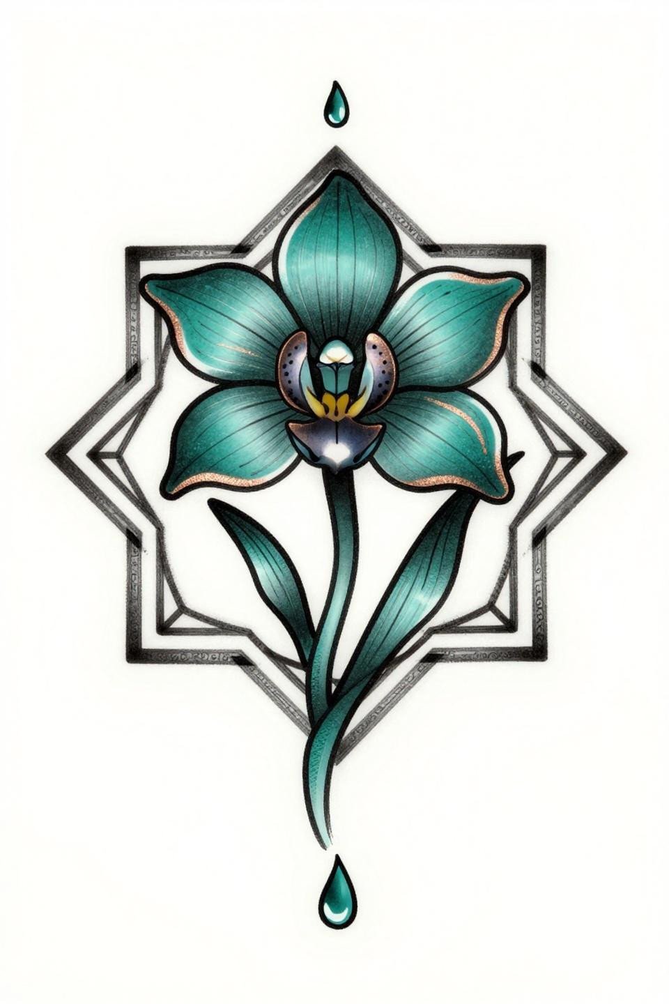 orchid tattoo Sak Yant sacred geometry flash, diamond yantra frame, bold 2-3pt outlines, deep teal and copper metallic accent ink fills