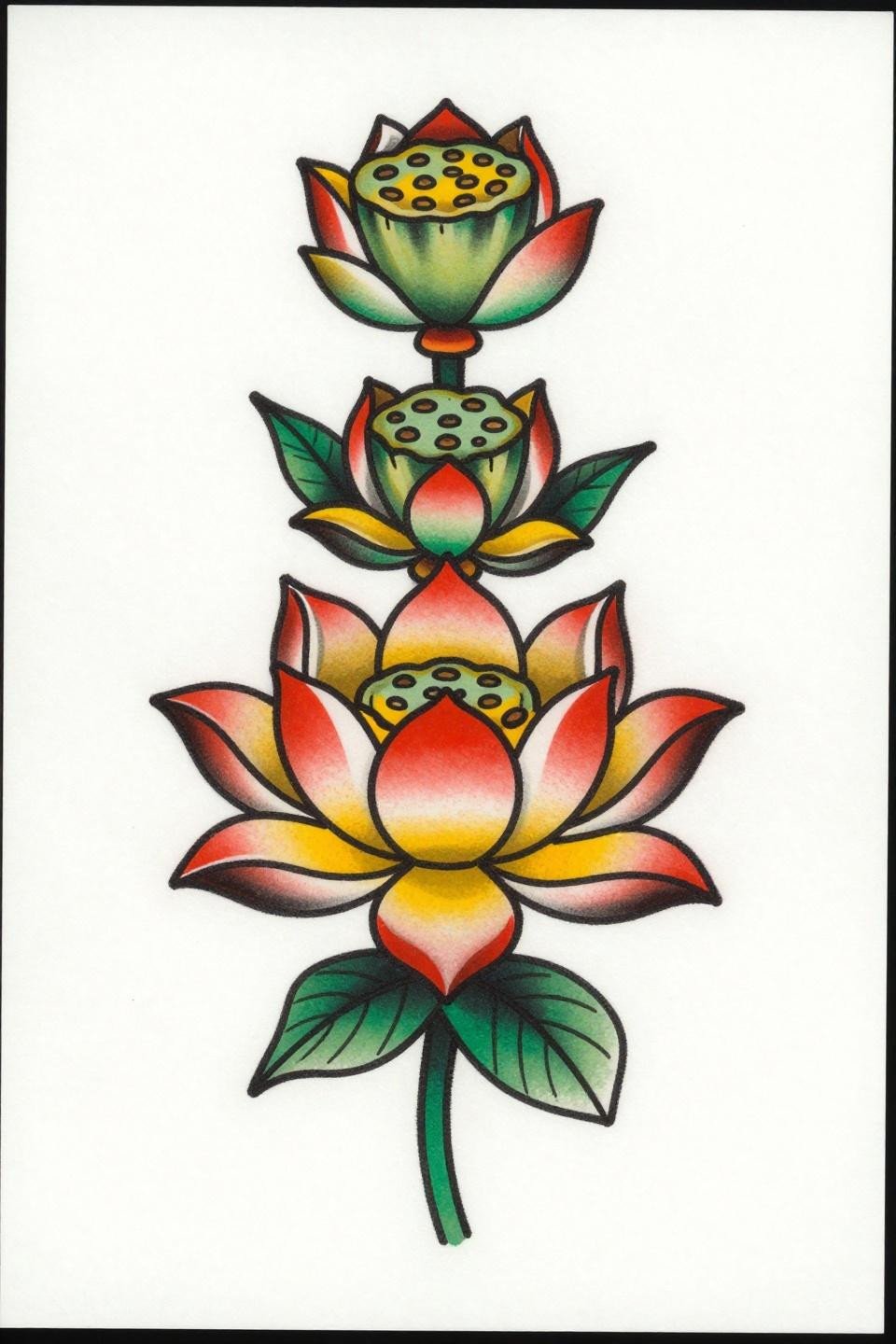 lotus tattoos for women traditional American flash, bold 2-3pt outlines, flat cadmium red forest green golden yellow fills, stacked vertical lotus bloom composition