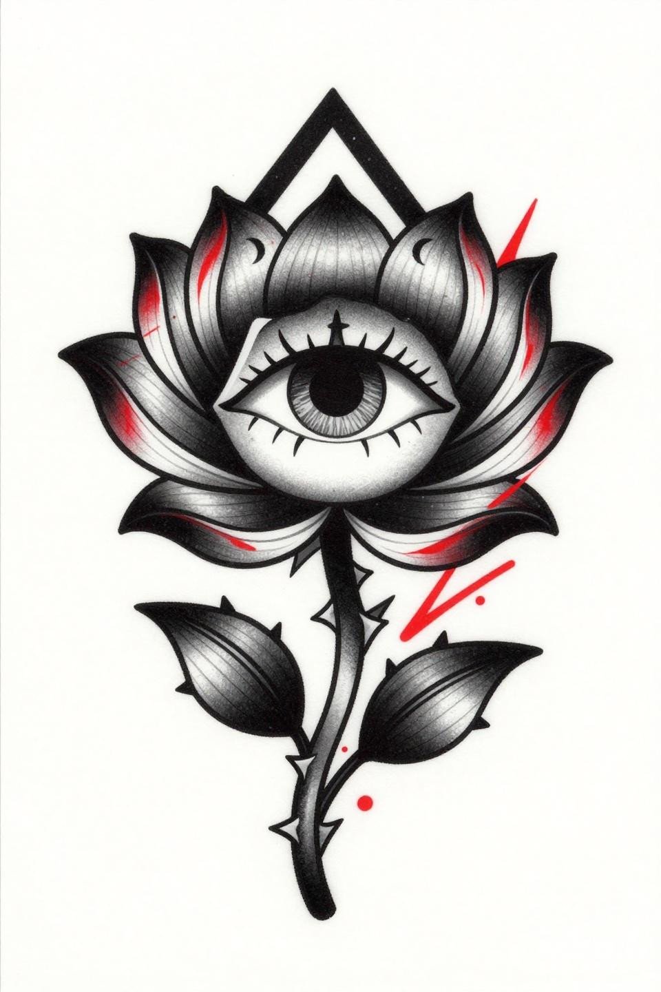 spiritual tattoo lotus trash polka flash, chaotic red slash marks over solid black lotus form, floating eye element, crescent moon phases, diamond frame orientation