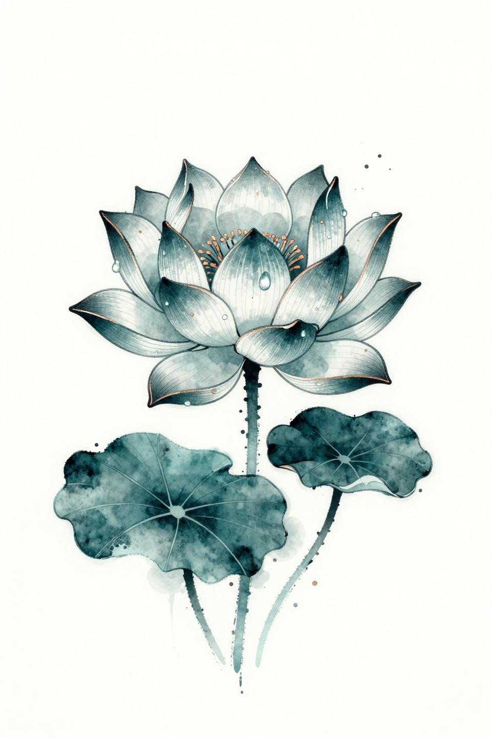 lily tattoo design watercolor splash style flash, wet color bleeds behind clean line skeleton, six asymmetric petals lotus bloom, teal and copper metallic accent ink