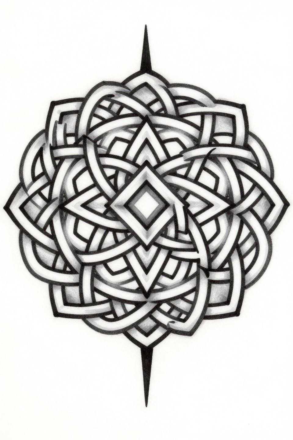 mandala art tattoo, Celtic knotwork style, interlocking knotted band concentric rings, six-fold symmetry, grey wash midtones, bold black outlines with flat black fills