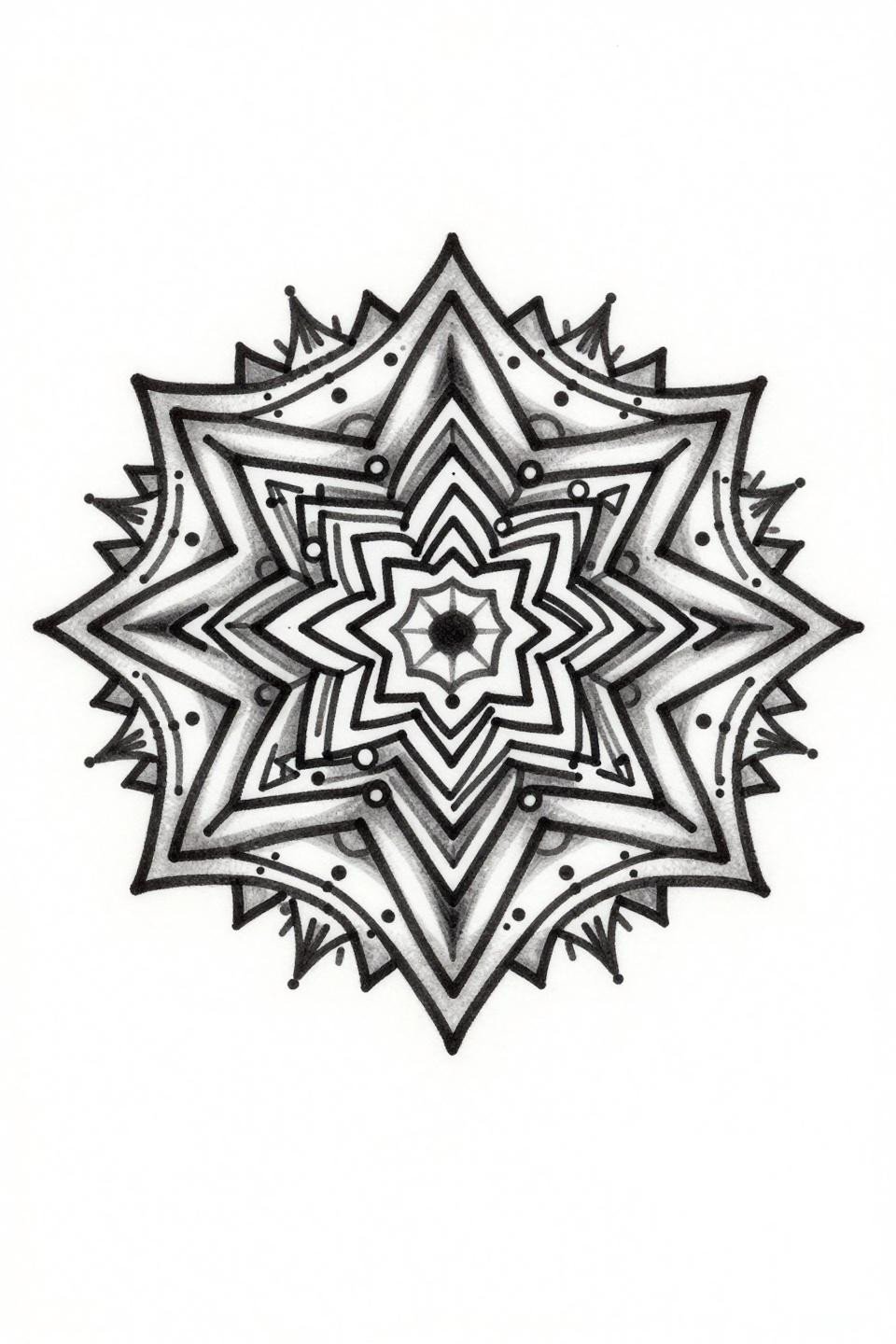 dotwork tattoo mandala, single continuous line style, five-pointed star core, diamond cluster and concentric circle rings, radiating spike dot terminal perimeter, five-fold symmetry, bold unbroken linework