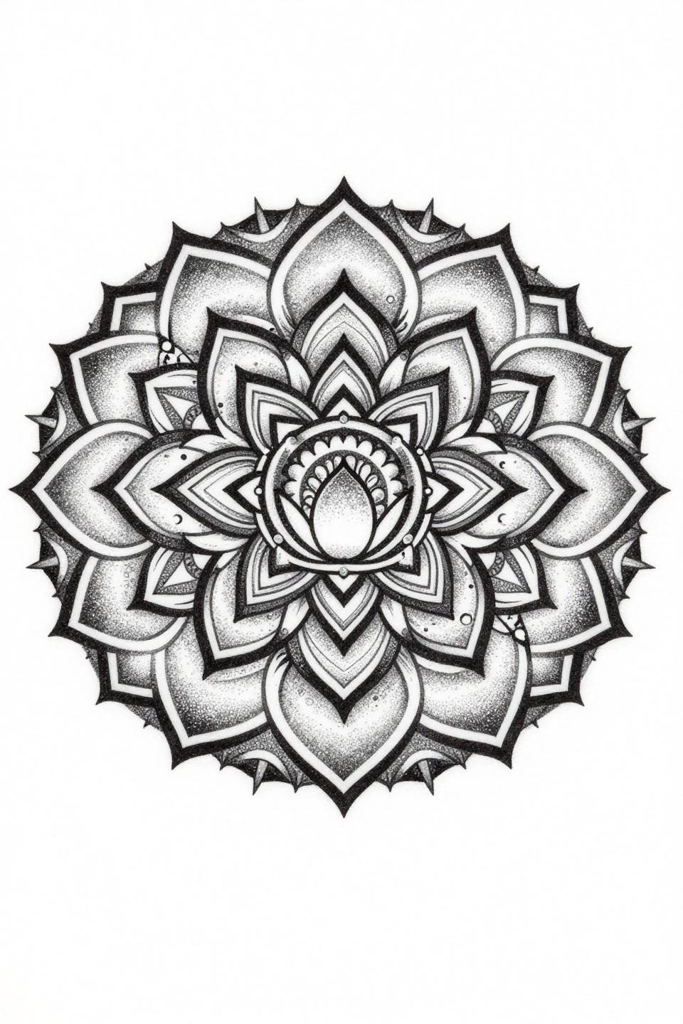 half mandala tattoo dotwork style, eight-petaled sacred lotus center, stipple dot gradient dense at center to open at edges, eight-fold symmetry, no line outlines, black ink on white