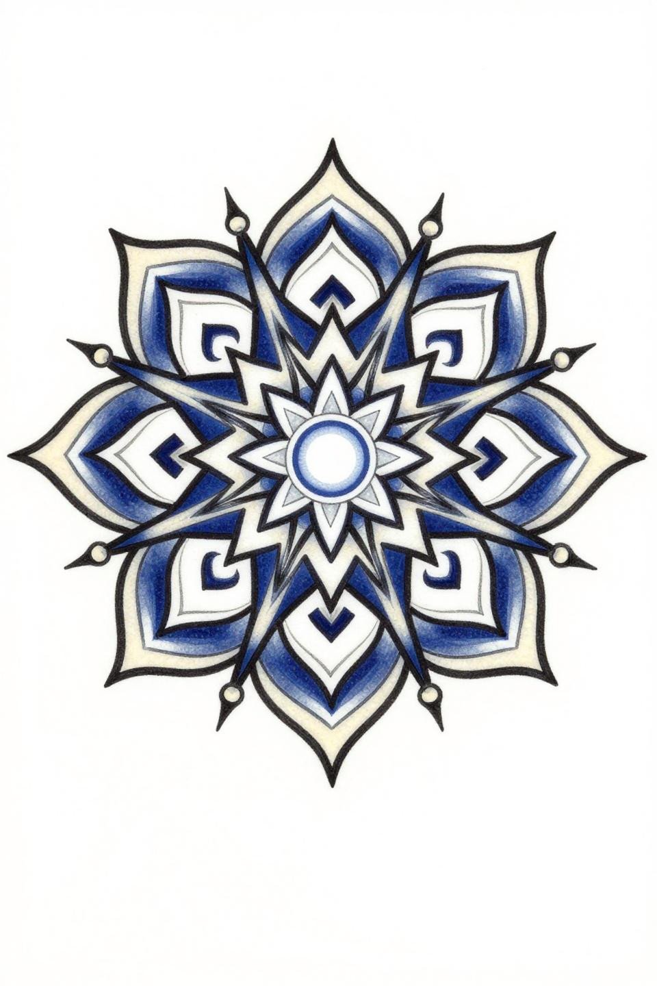 dotwork tattoo mandala, Art Deco style, twelve-fold symmetry, diamond ray sunburst core, stipple filled geometric petals, navy blue and cream fills on solid black outlines